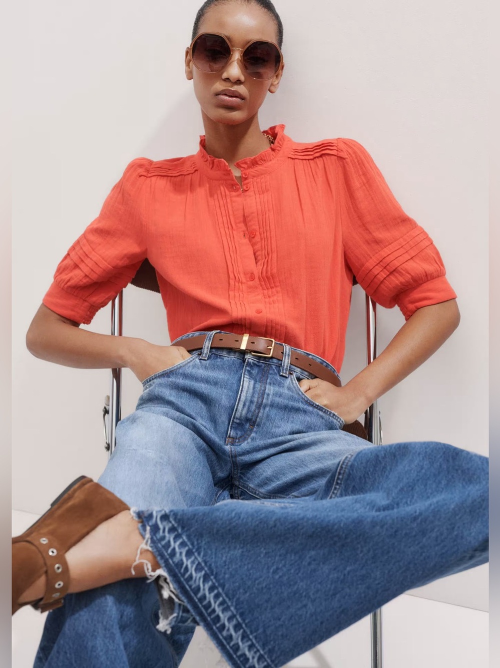 ME+EM Coral Pintuck Button-Up Blouse